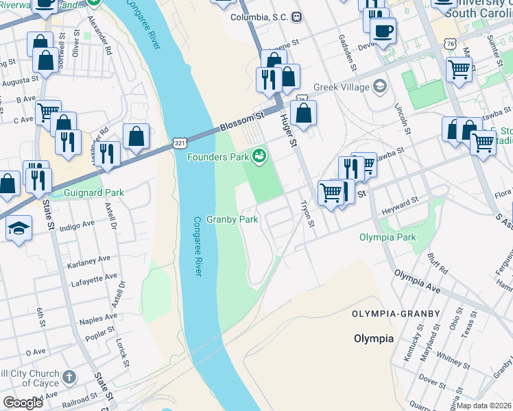 map of restaurants, bars, coffee shops, grocery stores, and more near 126 Catawba Circle in Columbia