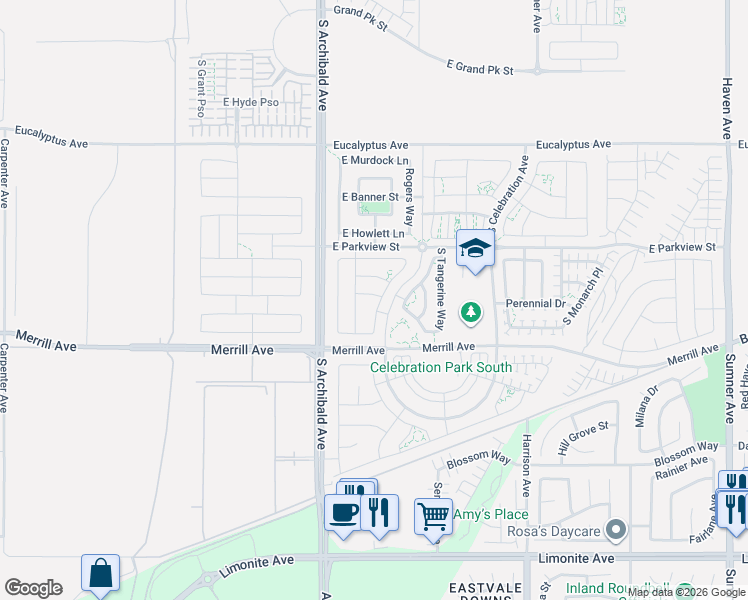 map of restaurants, bars, coffee shops, grocery stores, and more near 4944 South Rosemary Way in Ontario