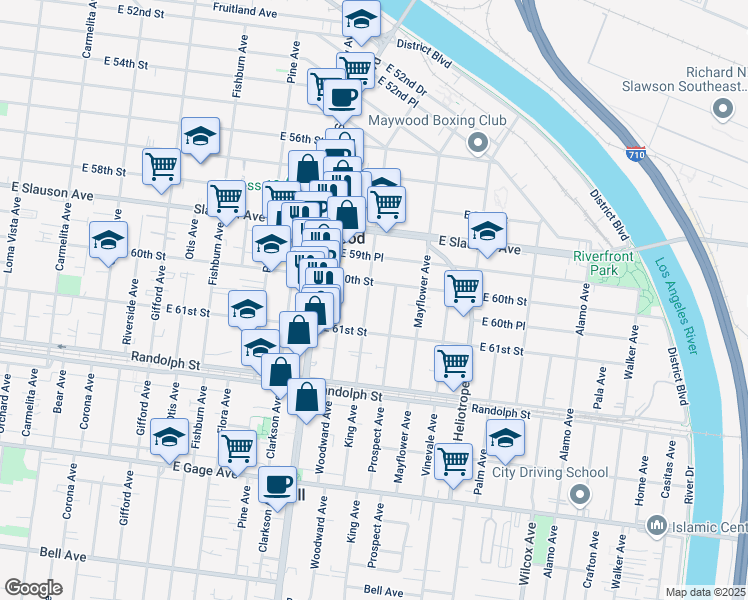 map of restaurants, bars, coffee shops, grocery stores, and more near 6020 King Avenue in Maywood