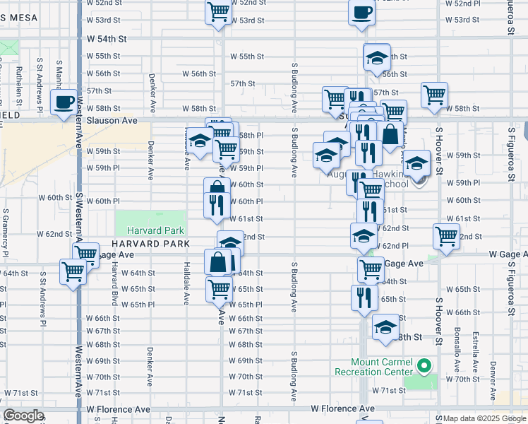 map of restaurants, bars, coffee shops, grocery stores, and more near 1253 West 61st Street in Los Angeles
