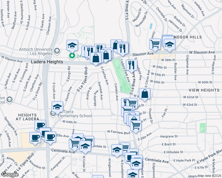 map of restaurants, bars, coffee shops, grocery stores, and more near 6203 Condon Avenue in View Park-Windsor Hills
