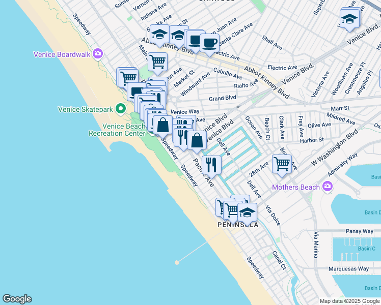 map of restaurants, bars, coffee shops, grocery stores, and more near Pacific Ave & S Venice Blvd in Los Angeles
