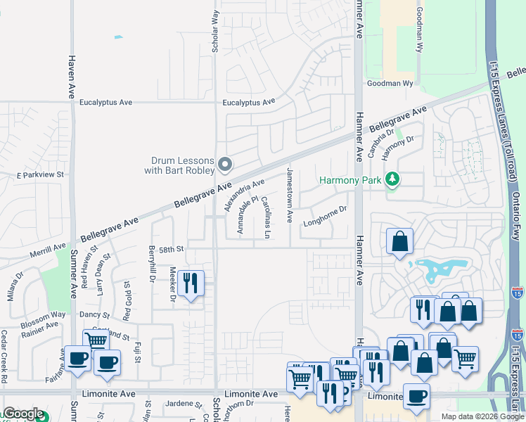 map of restaurants, bars, coffee shops, grocery stores, and more near 5732 Carolinas Lane in Eastvale