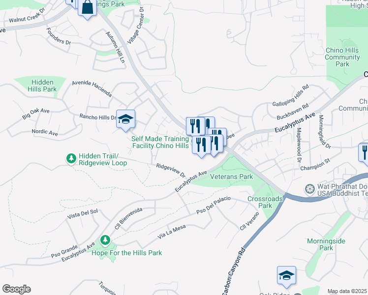 map of restaurants, bars, coffee shops, grocery stores, and more near 2531 Moon Dust Drive in Chino Hills