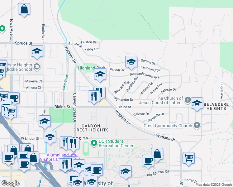 map of restaurants, bars, coffee shops, grocery stores, and more near 635 Highlander Drive in Riverside