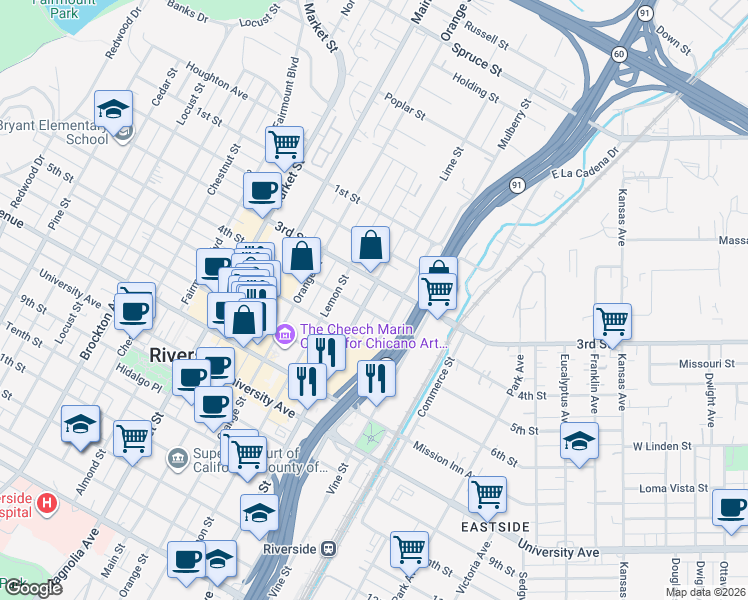 map of restaurants, bars, coffee shops, grocery stores, and more near 3395 Mulberry Street in Riverside