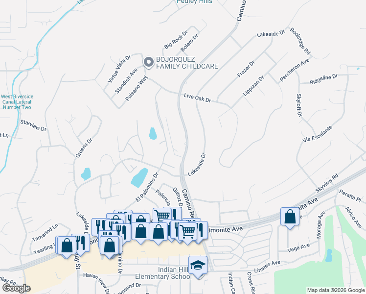 map of restaurants, bars, coffee shops, grocery stores, and more near 5731 Camino Real in Riverside