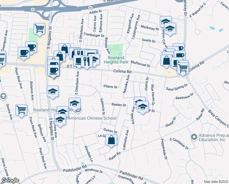 map of restaurants, bars, coffee shops, grocery stores, and more near 1921 Valemont Avenue in Rowland Heights