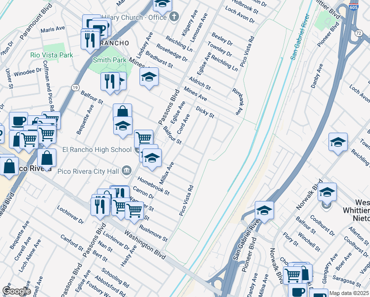 map of restaurants, bars, coffee shops, grocery stores, and more near 9627 Winchell Street in Pico Rivera