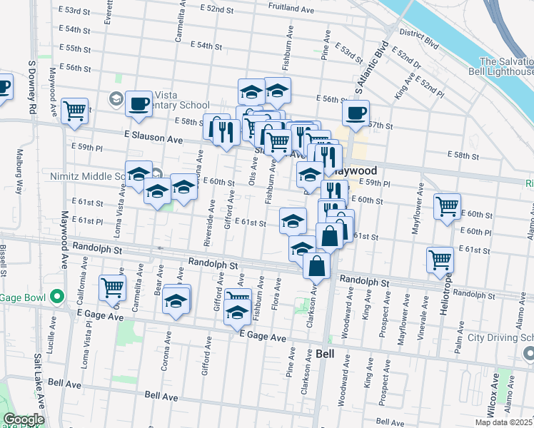 map of restaurants, bars, coffee shops, grocery stores, and more near 4216 East 61st Street in Huntington Park