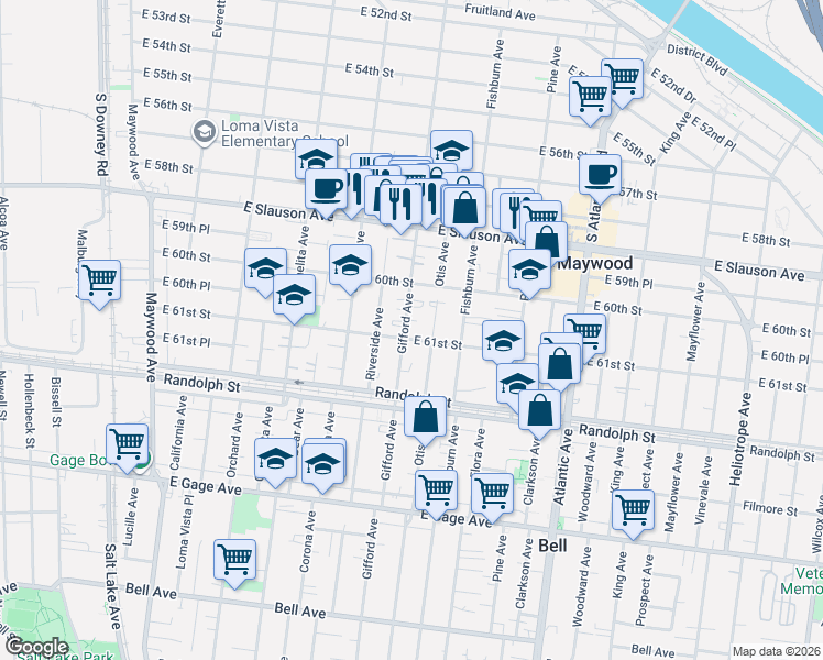 map of restaurants, bars, coffee shops, grocery stores, and more near 6106 Gifford Avenue in Huntington Park