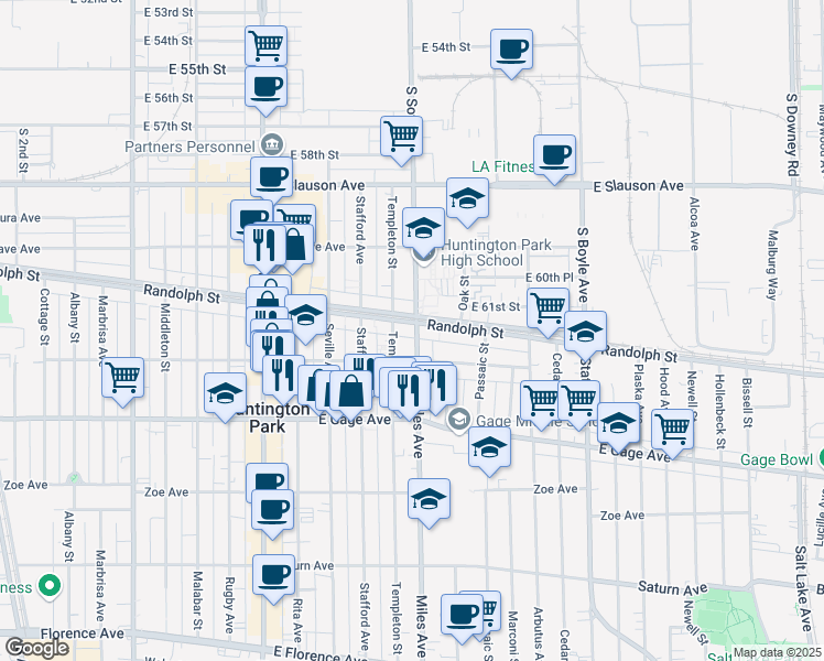 map of restaurants, bars, coffee shops, grocery stores, and more near in Huntington Park