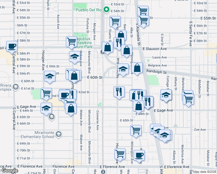 map of restaurants, bars, coffee shops, grocery stores, and more near 1743 East 62nd Street in Los Angeles