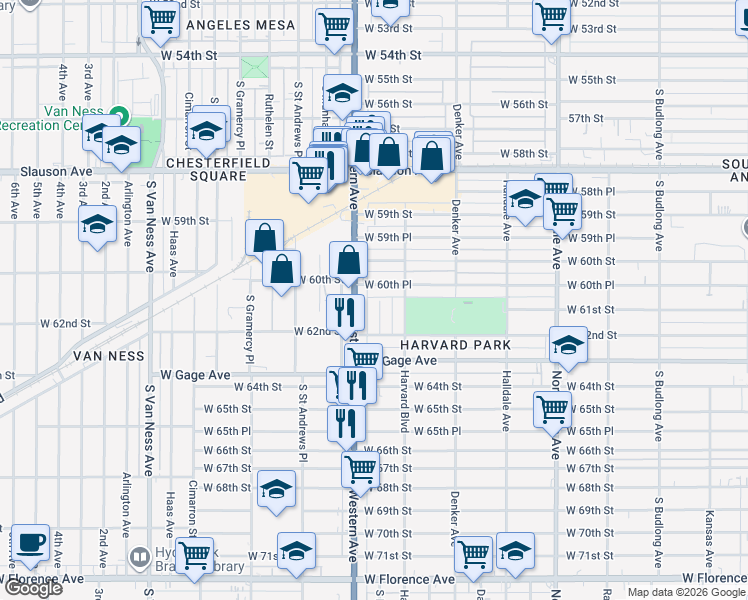 map of restaurants, bars, coffee shops, grocery stores, and more near 6129 South Hobart Boulevard in Los Angeles