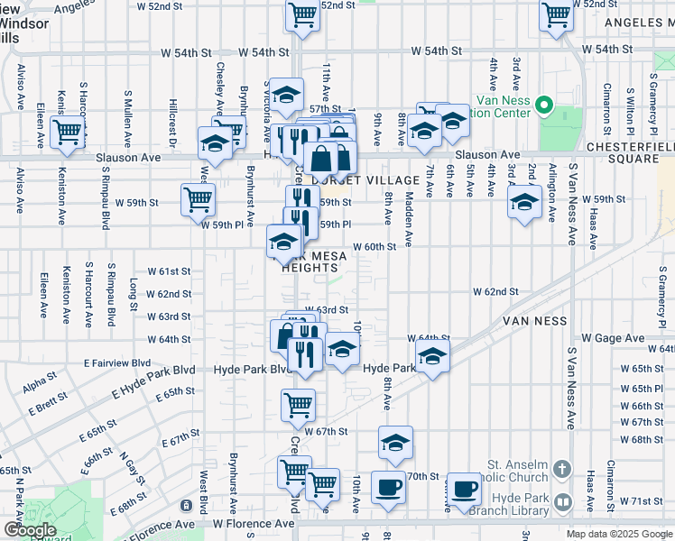 map of restaurants, bars, coffee shops, grocery stores, and more near 6122 11th Avenue in Los Angeles
