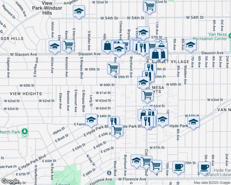 map of restaurants, bars, coffee shops, grocery stores, and more near 6110 West Boulevard in Los Angeles