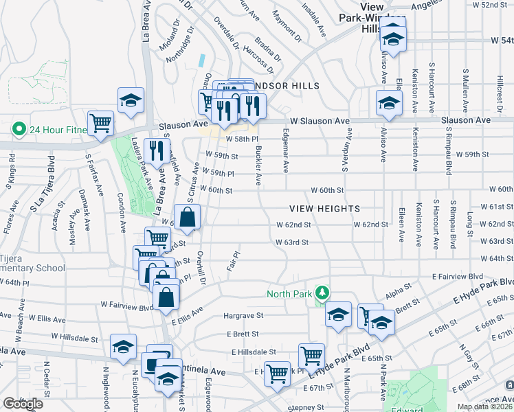 map of restaurants, bars, coffee shops, grocery stores, and more near 6117 Buckler Avenue in Los Angeles