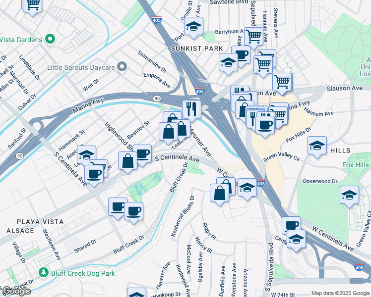 map of restaurants, bars, coffee shops, grocery stores, and more near 6822 South Centinela Avenue in Los Angeles