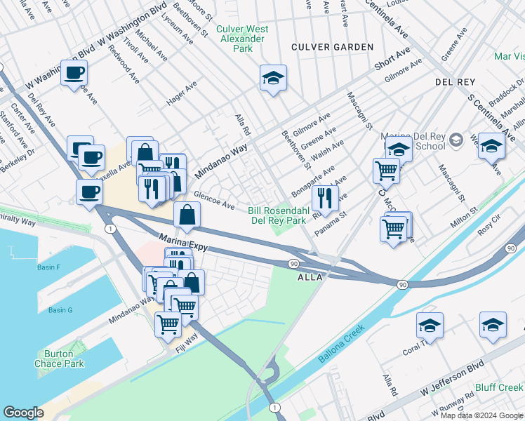 map of restaurants, bars, coffee shops, grocery stores, and more near 4553 Glencoe Avenue in Marina del Rey
