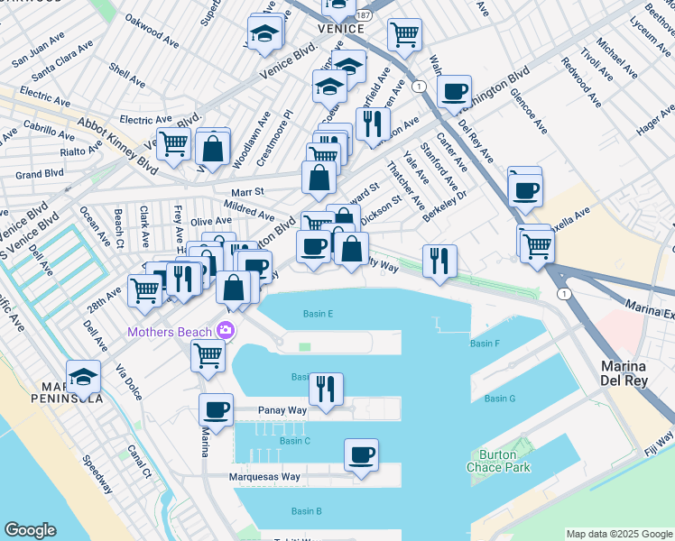 map of restaurants, bars, coffee shops, grocery stores, and more near 4300 Promenade Way in Marina del Rey