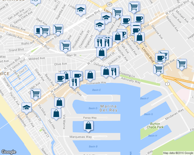 map of restaurants, bars, coffee shops, grocery stores, and more near 4300 Promenade Way in Marina del Rey