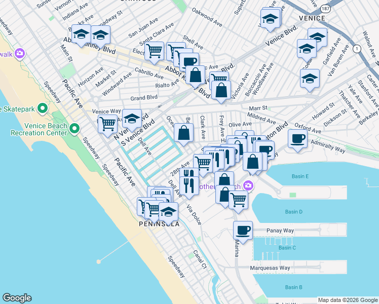 map of restaurants, bars, coffee shops, grocery stores, and more near 2801 Ocean Avenue in Los Angeles