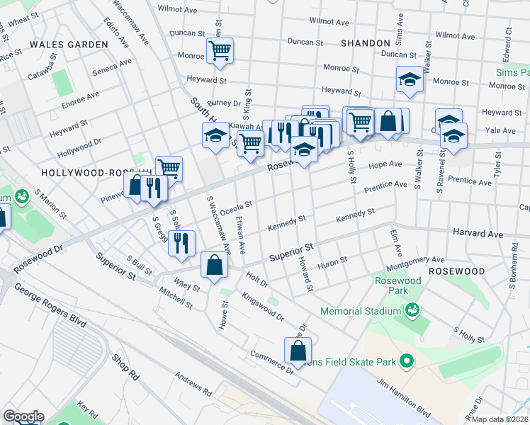 map of restaurants, bars, coffee shops, grocery stores, and more near 521 Graymont Avenue in Columbia