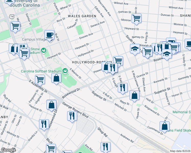 map of restaurants, bars, coffee shops, grocery stores, and more near 1501 Rosewood Drive in Columbia
