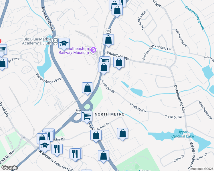 map of restaurants, bars, coffee shops, grocery stores, and more near in Berkeley Lake