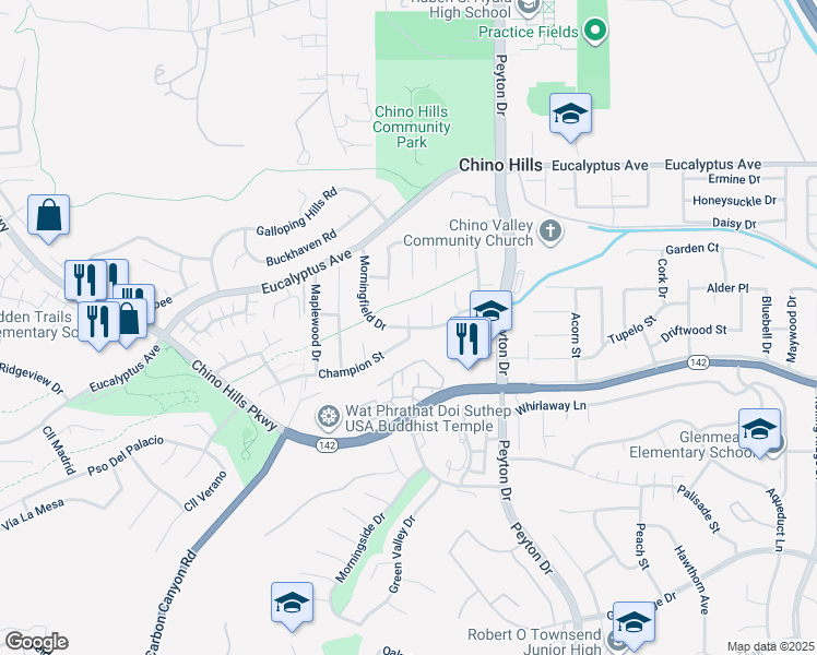 map of restaurants, bars, coffee shops, grocery stores, and more near 3151 Morningfield Drive in Chino Hills