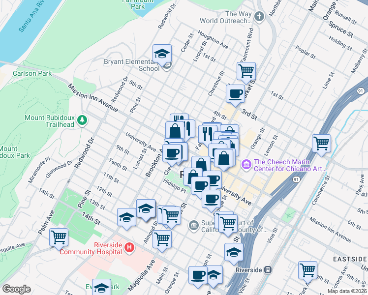 map of restaurants, bars, coffee shops, grocery stores, and more near Mission Inn Avenue in Riverside
