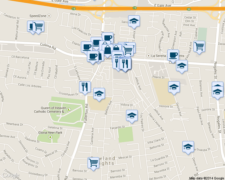 map of restaurants, bars, coffee shops, grocery stores, and more near 1935 Batson Avenue in Rowland Heights