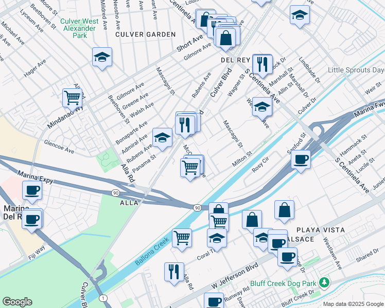 map of restaurants, bars, coffee shops, grocery stores, and more near McConnell Avenue in Los Angeles