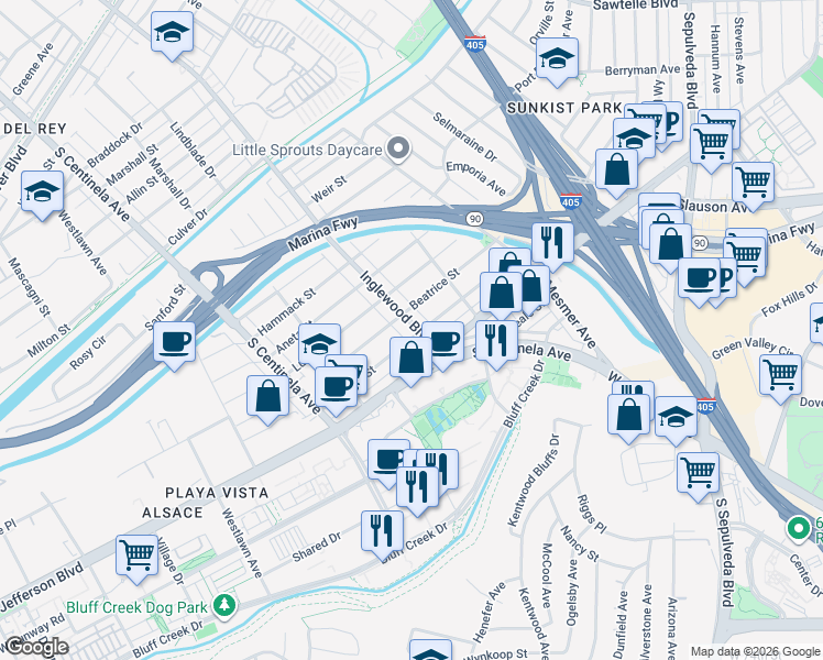 map of restaurants, bars, coffee shops, grocery stores, and more near in Los Angeles