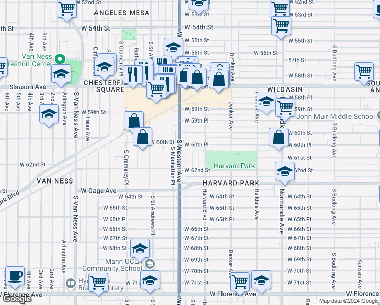 map of restaurants, bars, coffee shops, grocery stores, and more near 6129 South Hobart Boulevard in Los Angeles