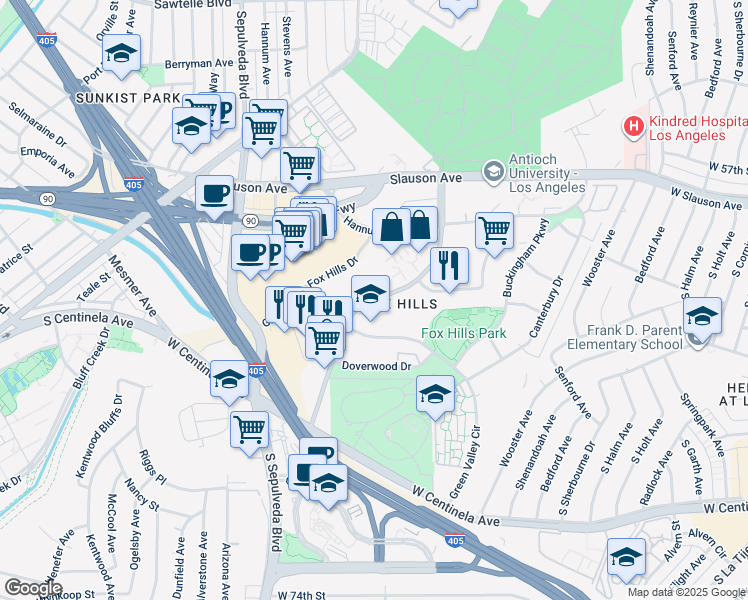 map of restaurants, bars, coffee shops, grocery stores, and more near Bristol Parkway in Culver City