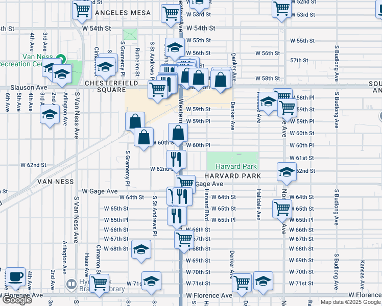 map of restaurants, bars, coffee shops, grocery stores, and more near 6105 South Hobart Boulevard in Los Angeles