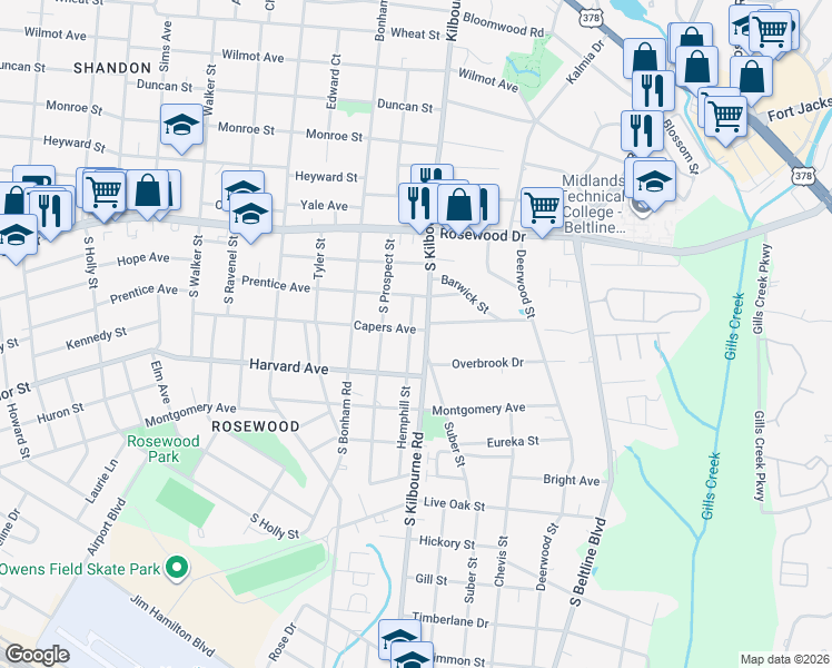map of restaurants, bars, coffee shops, grocery stores, and more near 509 Hemphill Street in Columbia