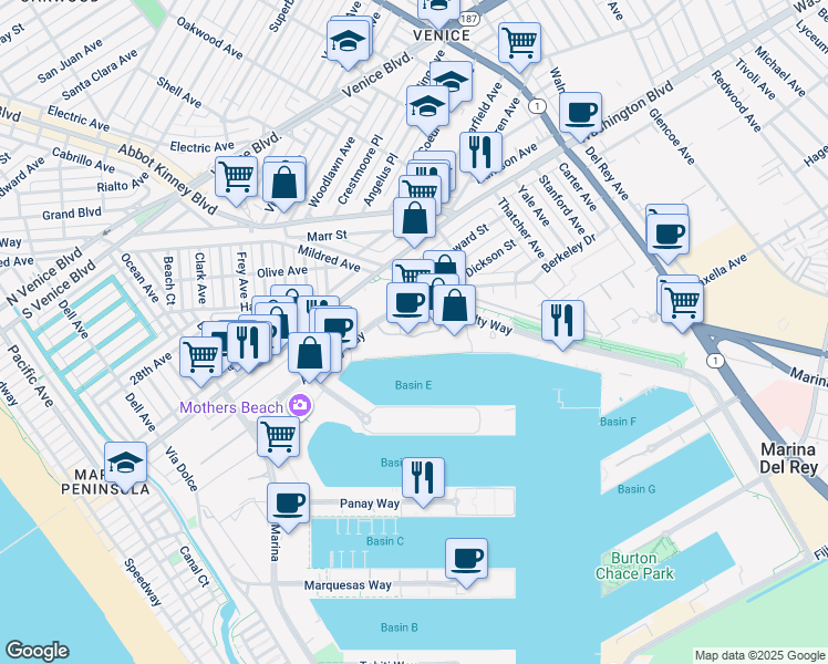 map of restaurants, bars, coffee shops, grocery stores, and more near 4314 Marina City Drive in Marina del Rey