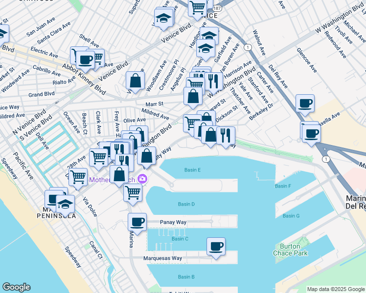 map of restaurants, bars, coffee shops, grocery stores, and more near 4265 Marina City Drive in Marina del Rey