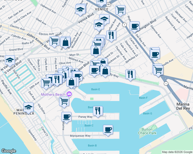 map of restaurants, bars, coffee shops, grocery stores, and more near 4316 Marina City Drive in Marina del Rey