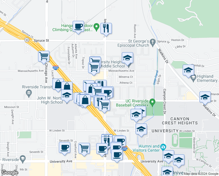 map of restaurants, bars, coffee shops, grocery stores, and more near 3140 Iowa Avenue in Riverside