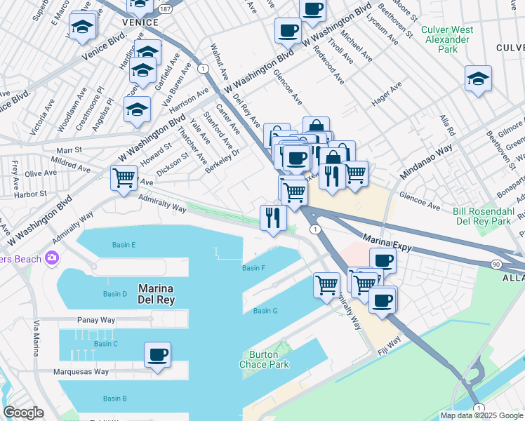 map of restaurants, bars, coffee shops, grocery stores, and more near 13700 Marina Pointe Drive in Los Angeles