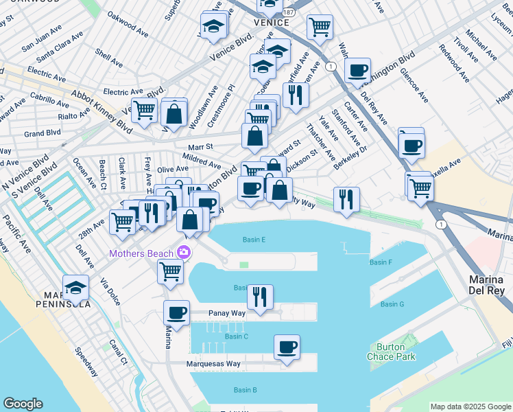 map of restaurants, bars, coffee shops, grocery stores, and more near 4316 Marina City Drive in Marina del Rey