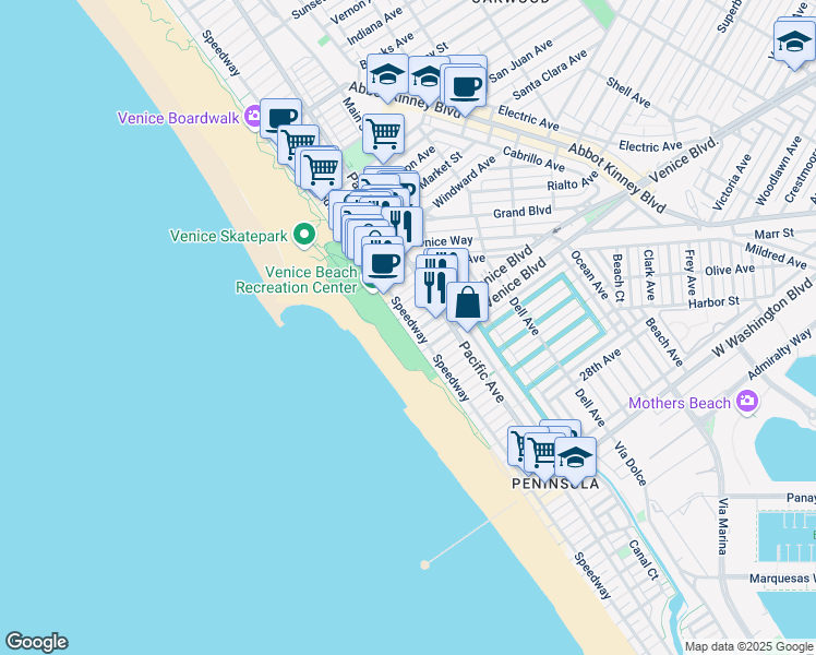 map of restaurants, bars, coffee shops, grocery stores, and more near 2000 Ocean Front Walk in Los Angeles