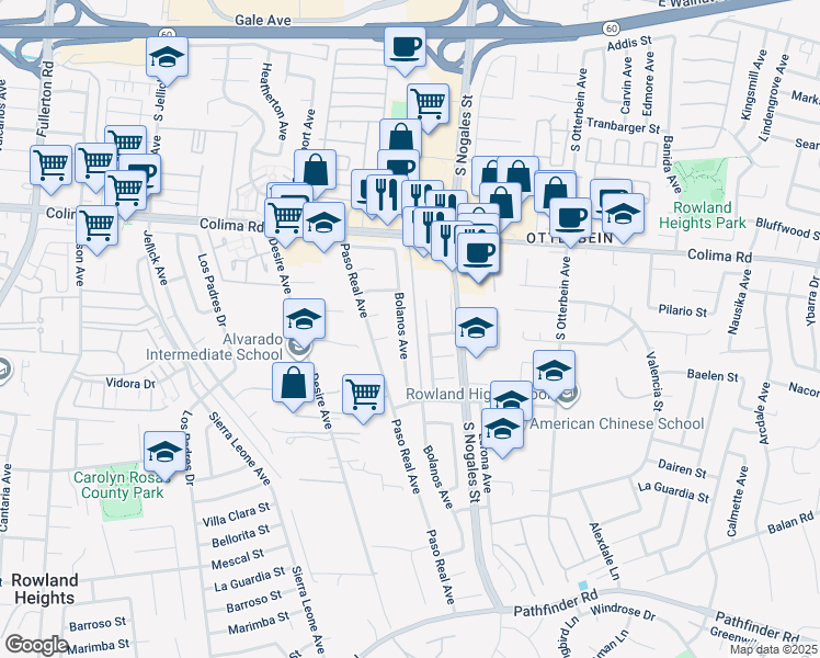 map of restaurants, bars, coffee shops, grocery stores, and more near 1842 Bolanos Avenue in Rowland Heights