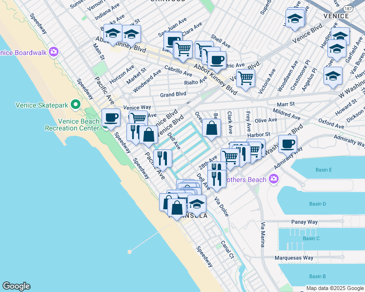 map of restaurants, bars, coffee shops, grocery stores, and more near 408 Linnie Canal in Los Angeles