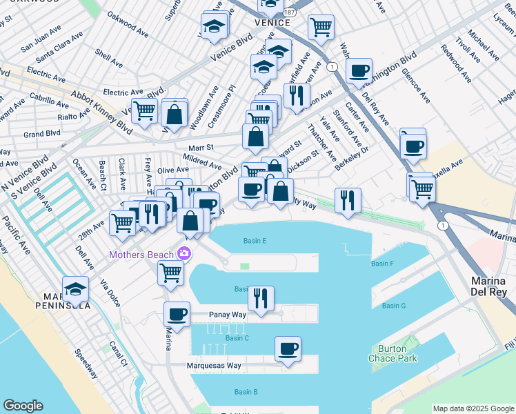map of restaurants, bars, coffee shops, grocery stores, and more near 4300 Promenade Way in Marina del Rey