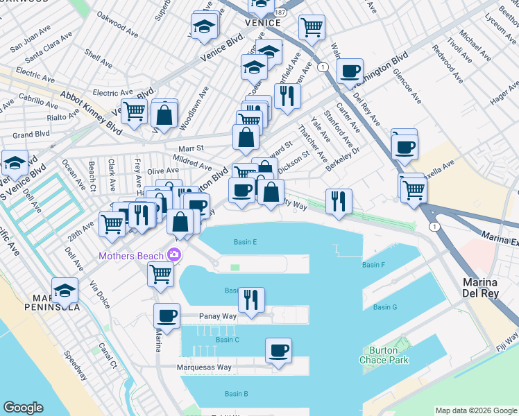 map of restaurants, bars, coffee shops, grocery stores, and more near 4335 Marina City Drive in Marina del Rey