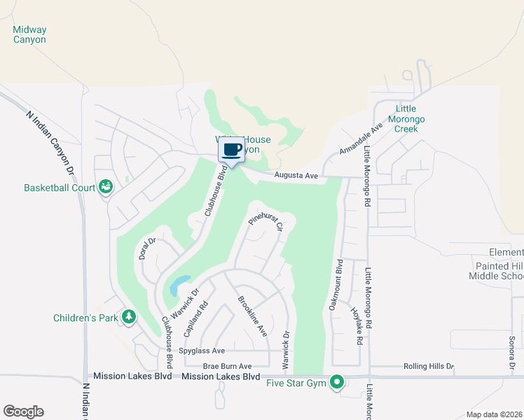 map of restaurants, bars, coffee shops, grocery stores, and more near 64610 Pinehurst Circle in Desert Hot Springs